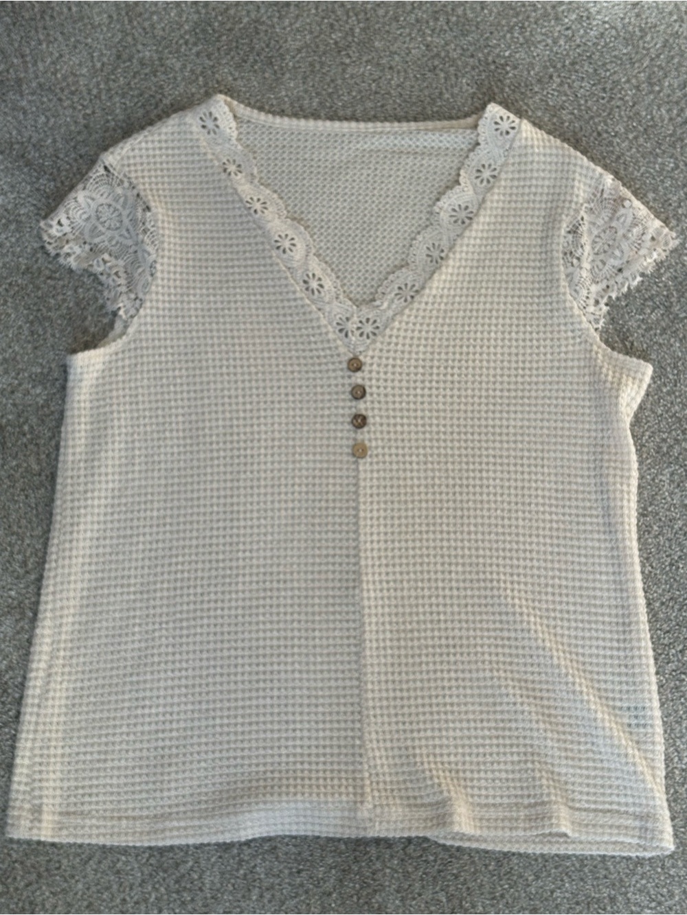 SHEIN Cream Waffle Knit Top with Lace Trim